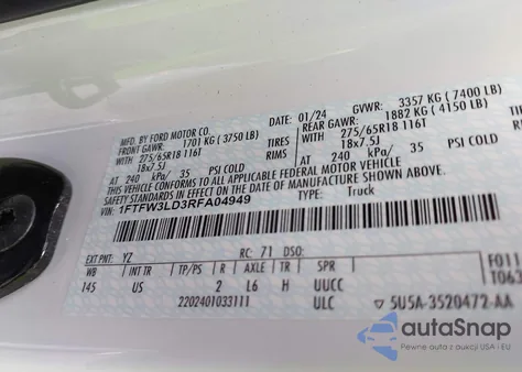 2024 Ford F-150 Xlt z USA, uszkodzony, nr VIN 1FTFW3LD3RFA04949